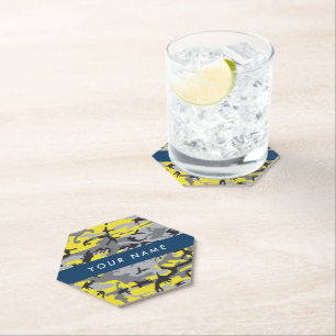 Yellow and Grey Camouflage Your name Personalize Paper Coaster
