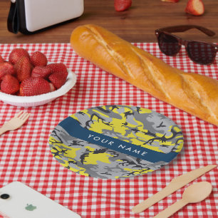 Yellow and Grey Camouflage Your name Personalize Paper Plate