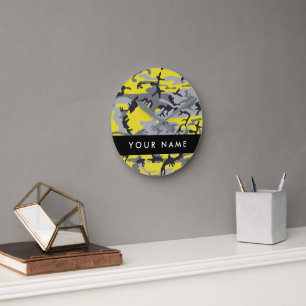 Yellow and Grey Camouflage Your name Personalize Round Clock