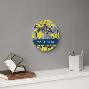 Yellow and Grey Camouflage Your name Personalize Round Clock