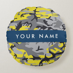 Yellow and Grey Camouflage Your name Personalize Round Pillow