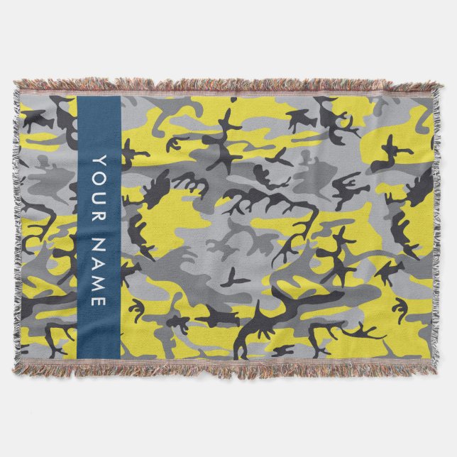 Yellow and Grey Camouflage Your name Personalize Throw Blanket (Front)