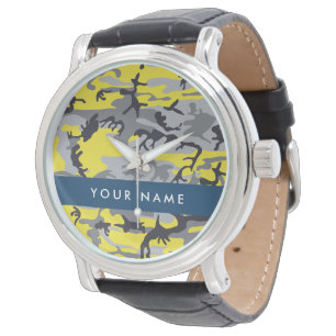 Yellow and Grey Camouflage Your name Personalize Watch