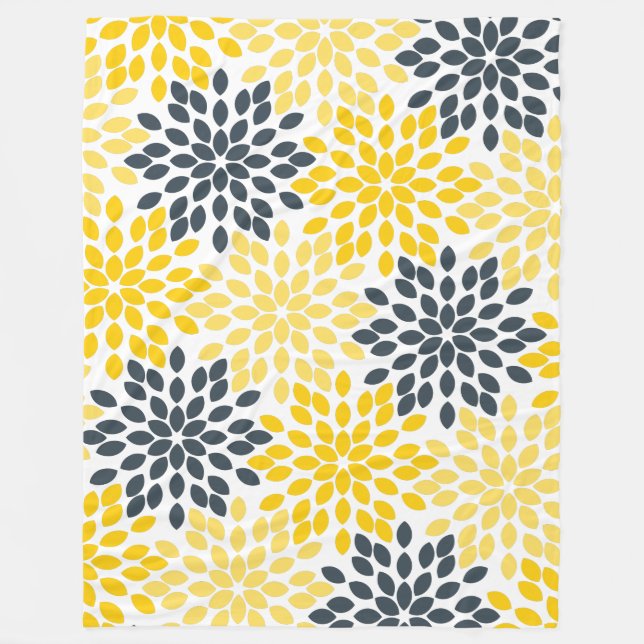 Yellow and Grey Charcoal Modern Floral Fleece Blanket (Front)