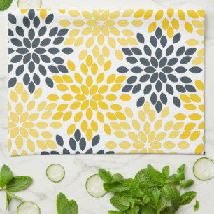 Yellow and Grey Charcoal Modern Floral Kitchen Towel