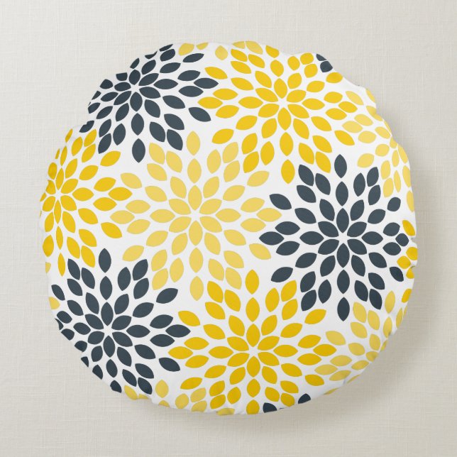 Yellow and Grey Charcoal Modern Floral Round Pillow (Front)