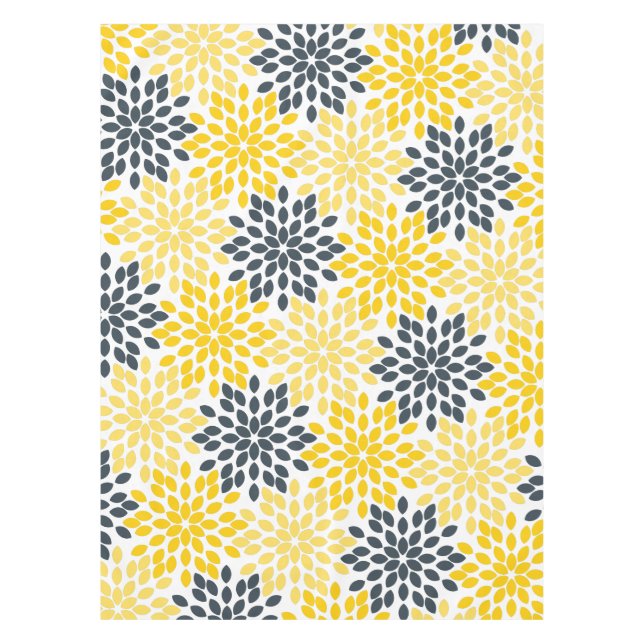 Yellow and Grey Charcoal Modern Floral Tablecloth (Front)