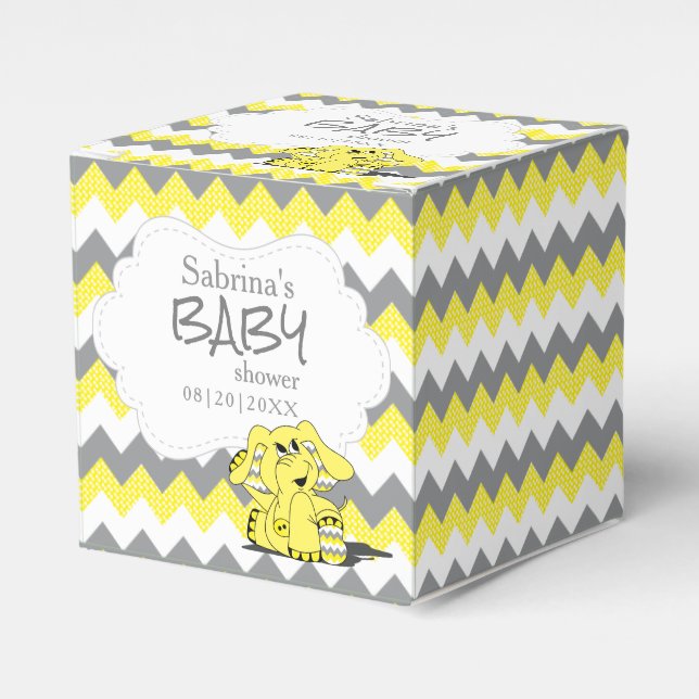 Yellow and Grey Chevron Elephant Baby Shower Favor Box (Front Side)
