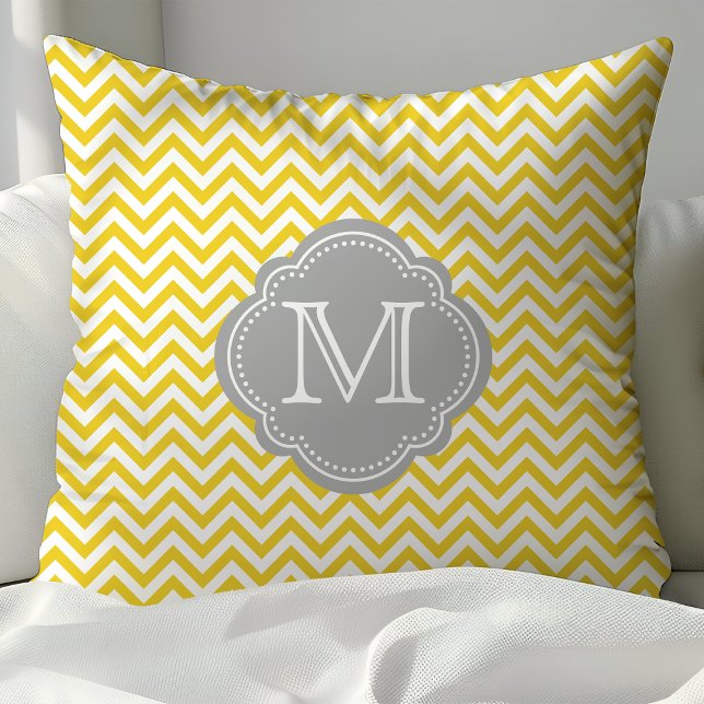 Yellow and Grey Chevron Monogrammed Throw Pillow (Creator Uploaded)