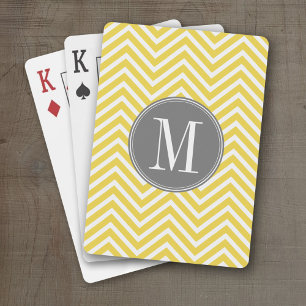 Yellow and Grey Chevron Pattern Custom Monogram Playing Cards