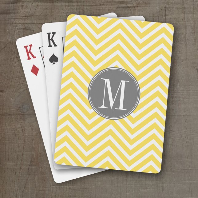 Yellow and Grey Chevron Pattern Custom Monogram Playing Cards (Personalized Playing Cards)