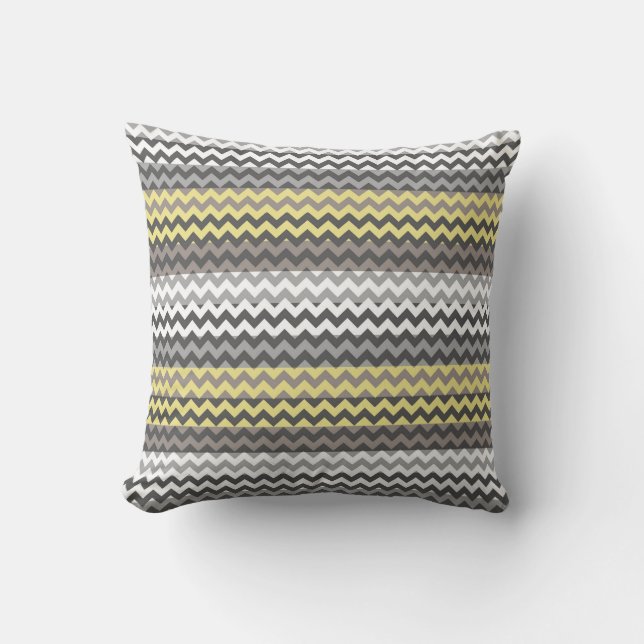 Yellow and Grey Chevron Zigzag Stripe Pattern Throw Pillow (Front)