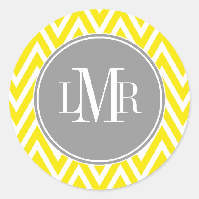 Yellow and Grey Chevrons Monogram Classic Round Sticker (Front)