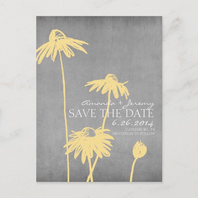 Yellow and Grey Chic Flower Wedding Save the Date Announcement Postcard (Front)