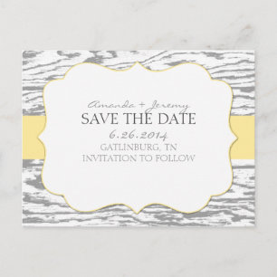 Yellow and Grey Chic Woodgrain Save the Date Announcement Postcard
