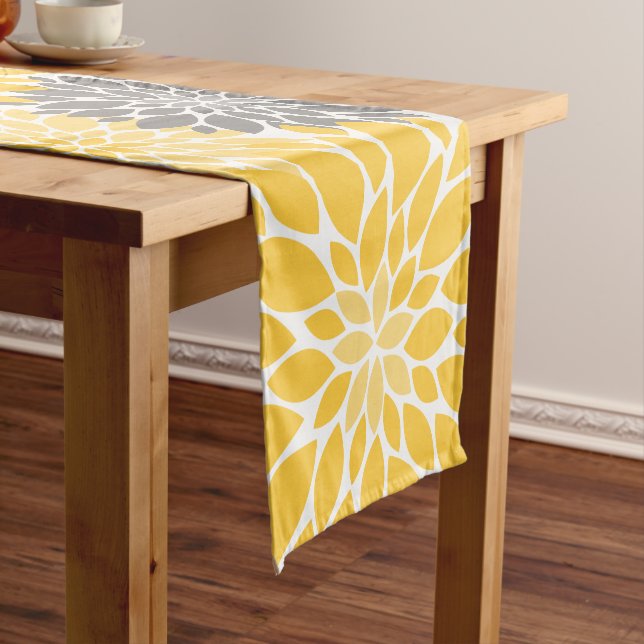 Yellow and Grey Chrysanthemums Floral Pattern Short Table Runner (In Situ)