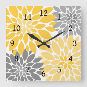 Yellow and Grey Chrysanthemums Floral Pattern Square Wall Clock