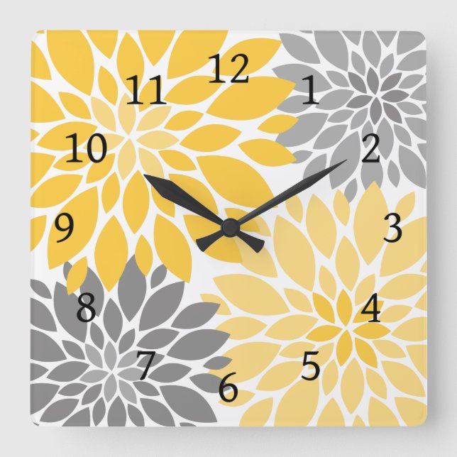 Yellow and Grey Chrysanthemums Floral Pattern Square Wall Clock (Front)
