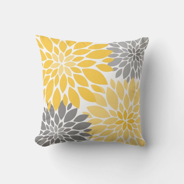 Yellow and Grey Chrysanthemums Floral Pattern Throw Pillow (Front)