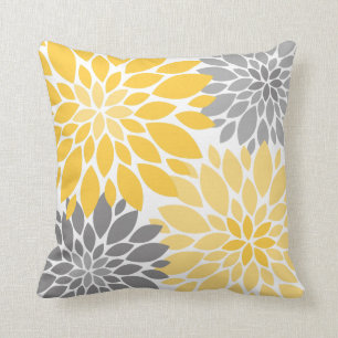 Yellow and Grey Chrysanthemums Floral Pattern Throw Pillow