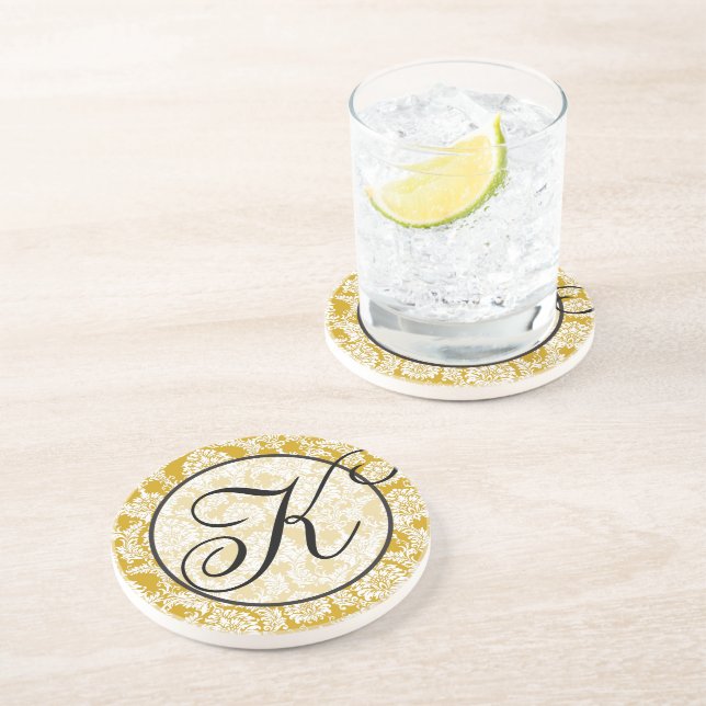 Yellow and Grey Damask Monogram Coaster (Side)