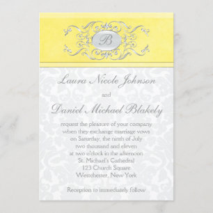 Yellow and Grey Damask Monogrammed Invitation
