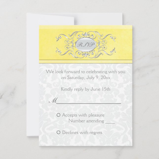 Yellow and Grey Damask Reply Card (Front)