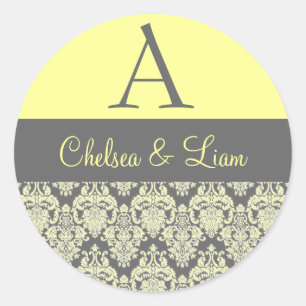 Yellow and Grey Damask Wedding Monogram V2 Classic Round Sticker