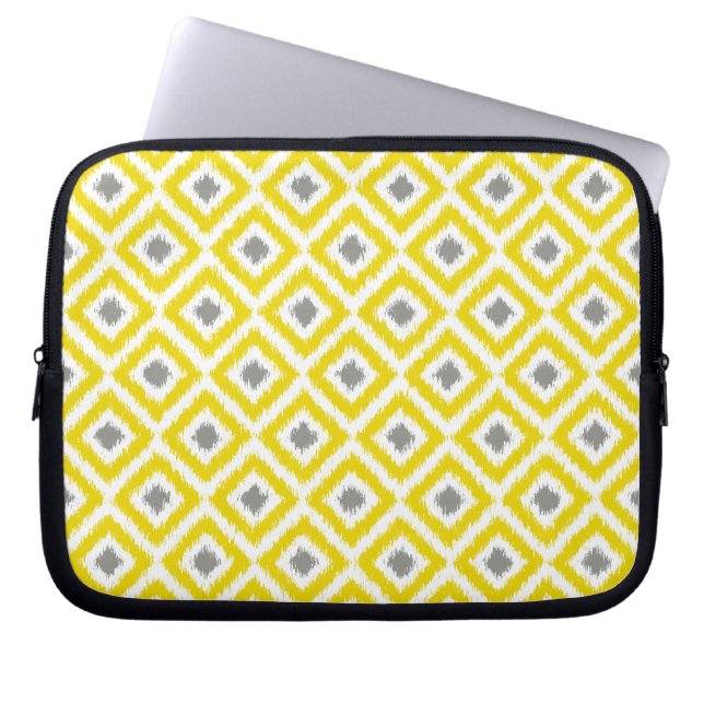 Yellow and Grey Diamond Ikat Pattern Laptop Sleeve (Front)