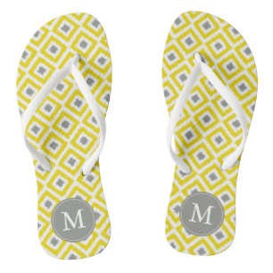 Yellow and Grey Diamonds Ikat Pattern Personalized Flip Flops