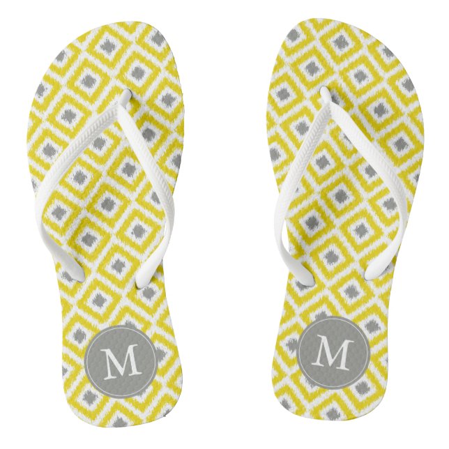 Yellow and Grey Diamonds Ikat Pattern Personalized Flip Flops (Footbed)