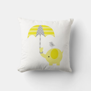 Yellow and Grey Elephant and Bird Throw Pillow
