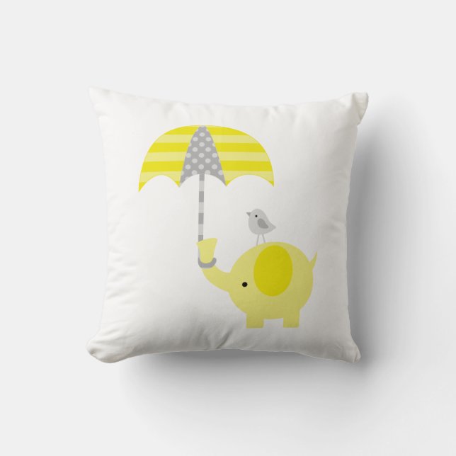 Yellow and Grey Elephant and Bird Throw Pillow (Front)