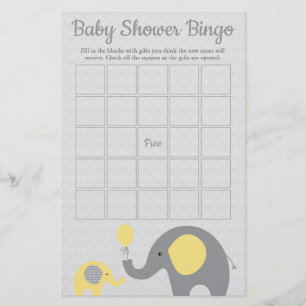Yellow and Grey Elephant Baby Shower Bingo Game Flyer