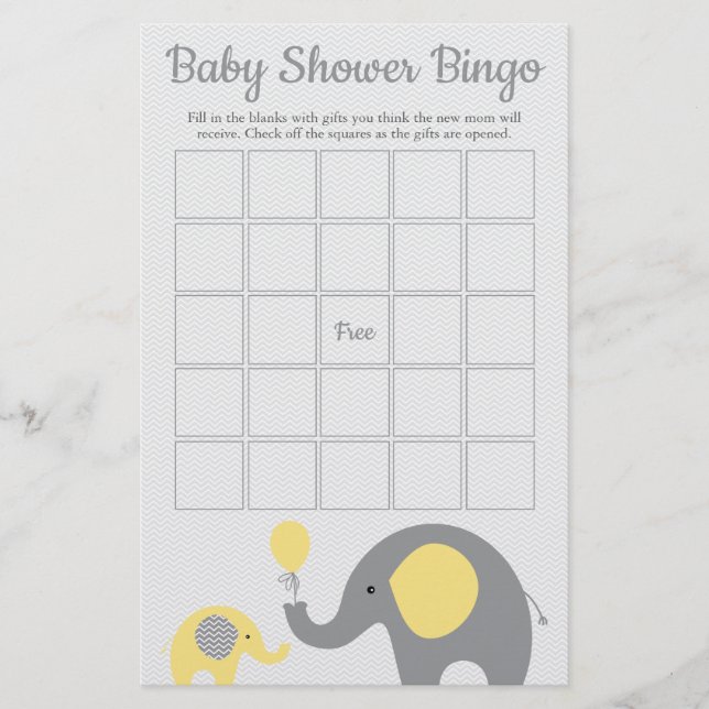 Yellow and Grey Elephant Baby Shower Bingo Game Flyer (Front)