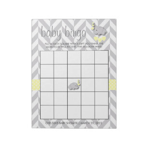 Yellow and Grey Elephant Baby Shower Bingo Game Notepad