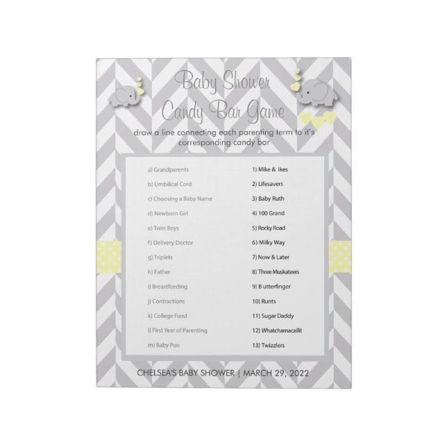 Yellow and Grey Elephant Baby Shower Candy Game Notepad (Rotated)