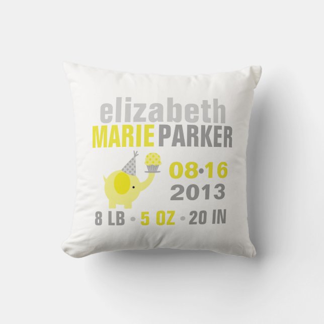 Yellow and Grey Elephant Birth Announcement Throw Pillow (Front)