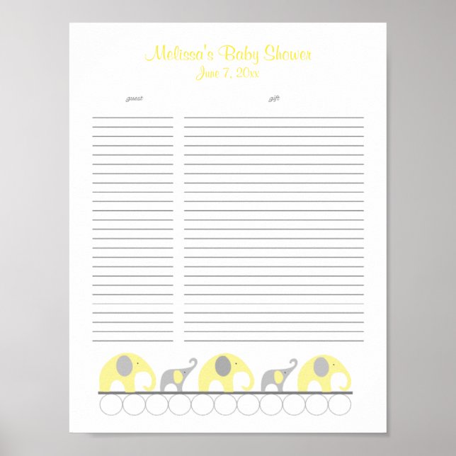 Yellow and Grey Elephants Baby Shower Gift List Poster (Front)
