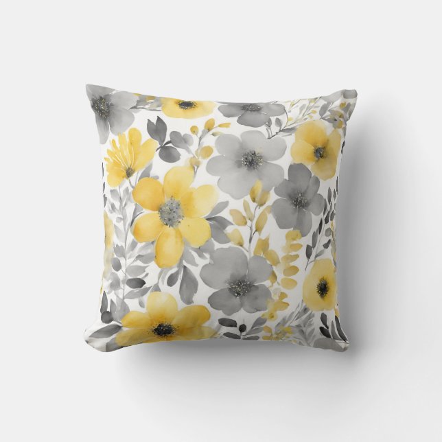 Yellow And Grey Floral Design Watercolors Throw Pillow (Front)