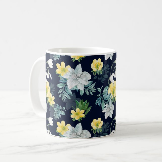 Yellow and Grey Floral Pattern Coffee Mug (Front Left)