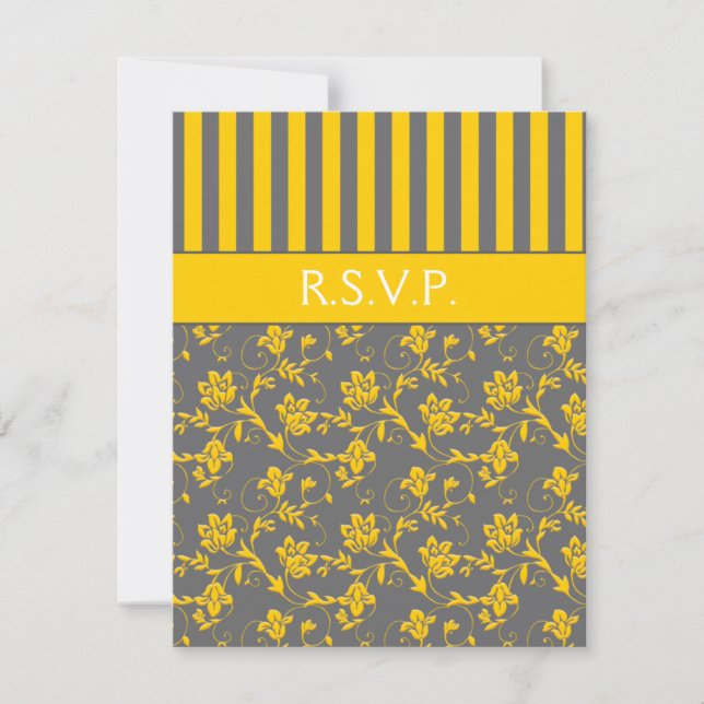Yellow and Grey Floral Striped RSVP Card (Front)