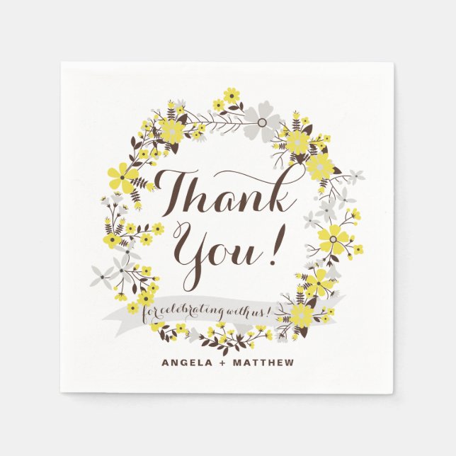 Yellow and Grey Floral Wreath Wedding Thank You Napkin (Front)