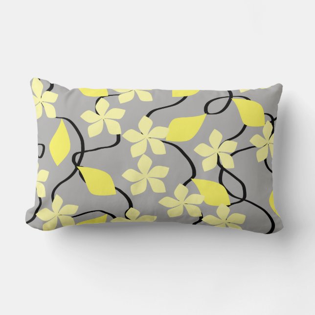Yellow and Grey Flowers. Floral Pattern. Lumbar Pillow (Front)