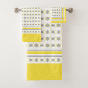 Yellow and Grey Geometric Flowers on White Bath Towel Set