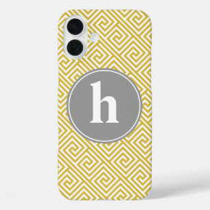 Yellow and Grey Greek Key Pattern Monogram iPhone 16 Plus Case