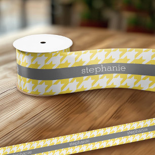 Yellow and Grey Houndstooth Pattern Custom Name Satin Ribbon