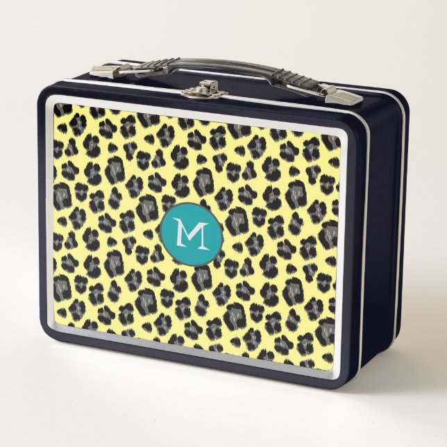 Yellow and Grey Leopard Print Monogram Metal Lunch Box (Front)