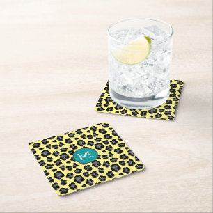 Yellow and Grey Leopard Print Monogram Square Paper Coaster