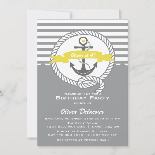 Yellow and Grey Nautical Kids Birthday Invitation (Front)
